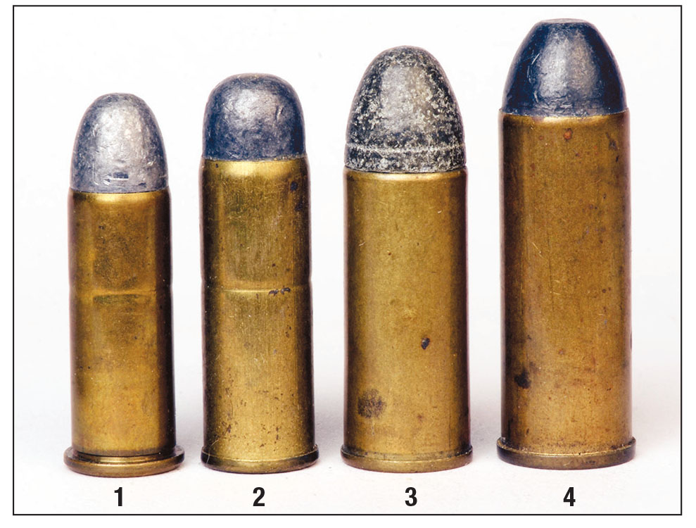 This is “Colt’s Quartet:” (1) .38 Colt (Long), (2) .41 Colt (Long), (3) .44 Colt and (4) .45 Colt. These are original cartridges dating from around the turn of the nineteenth- and twentieth-centuries. All are headstamped Rem-UMC except the .41, which was made by Winchester.